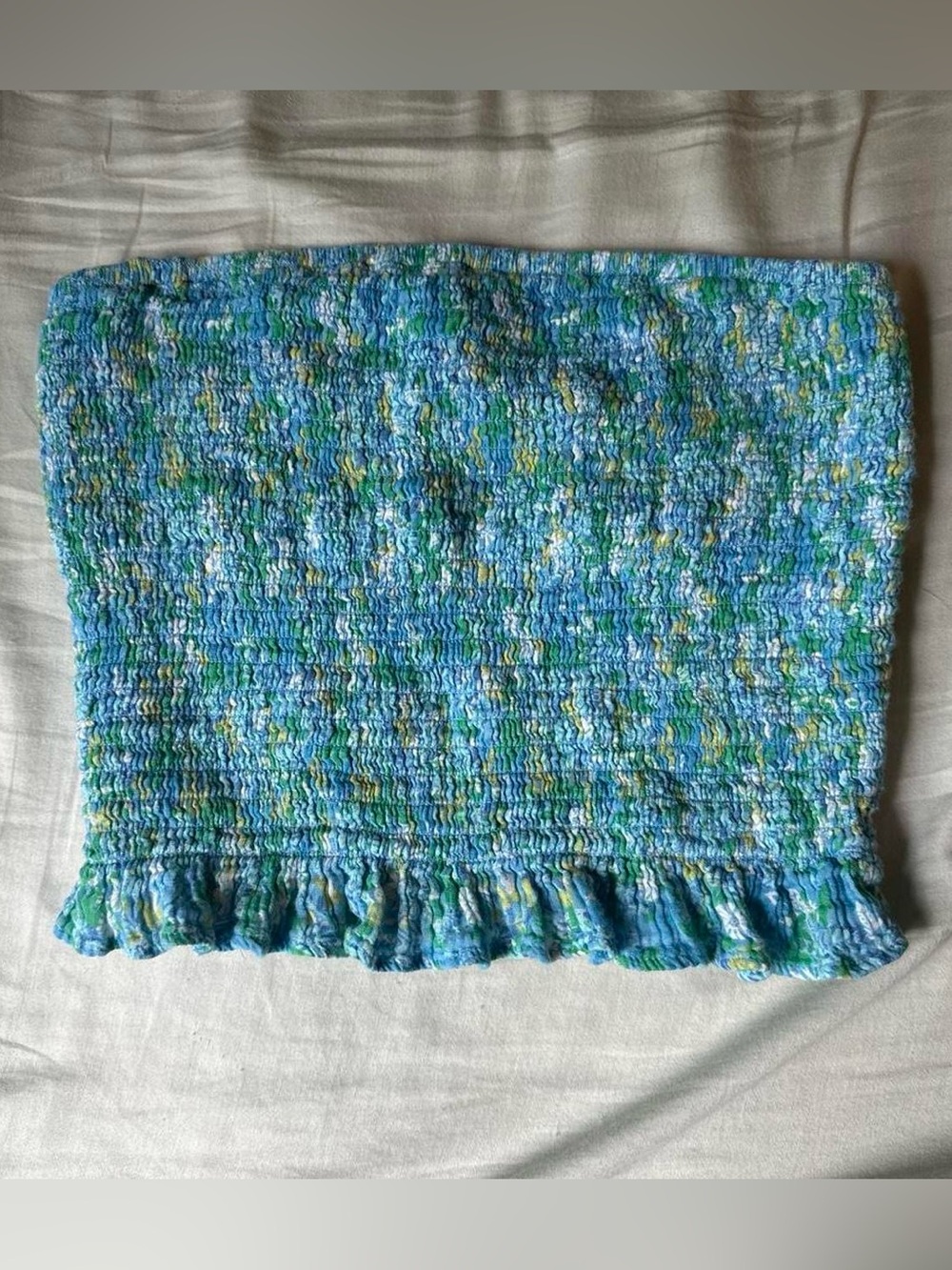 American Eagle Smocked Ruffle Hem Tube Top in Blue Multi